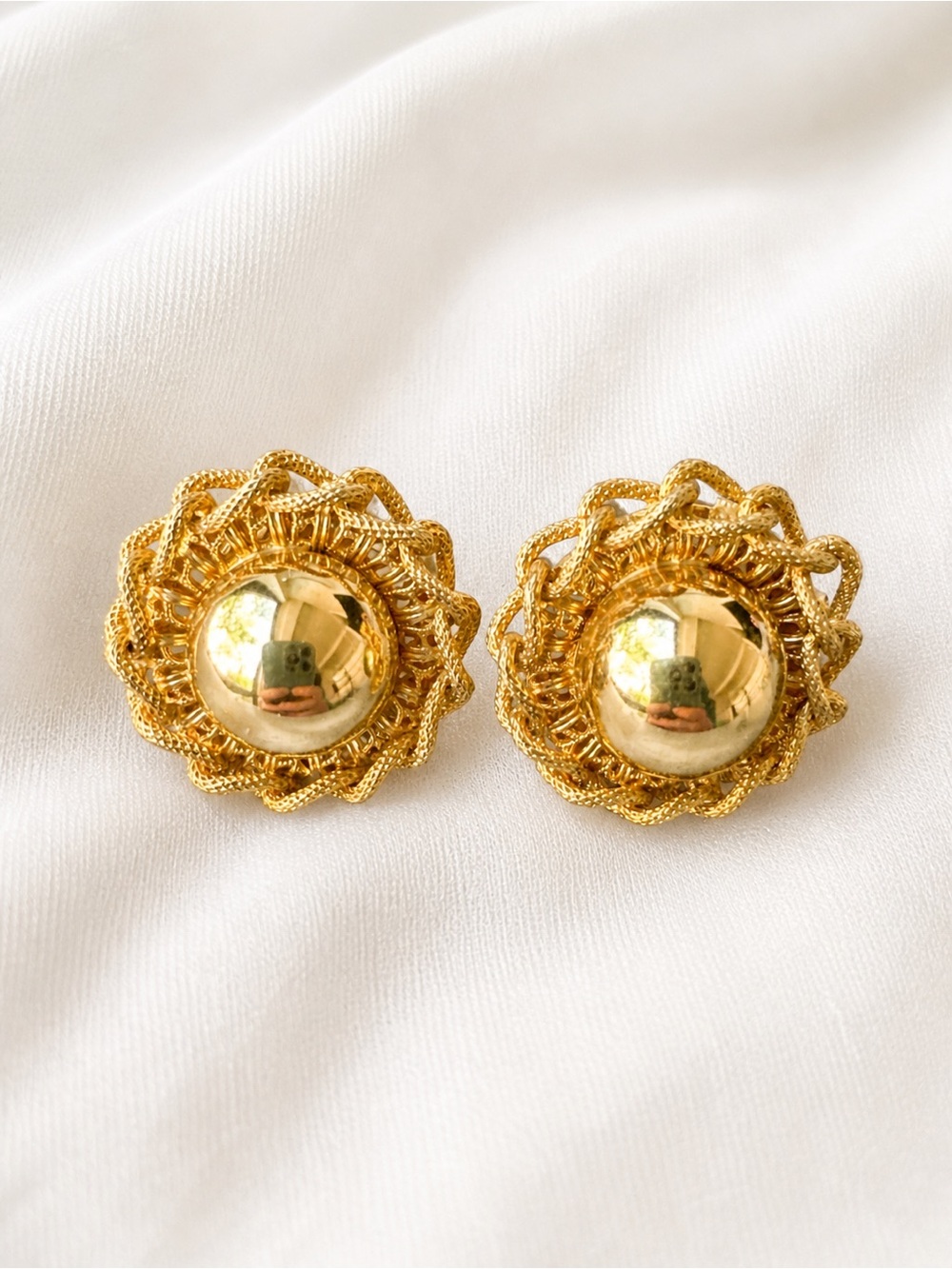 Vintage Gold Tone Dome Clip-On Statement Earrings Textured Rope Detail